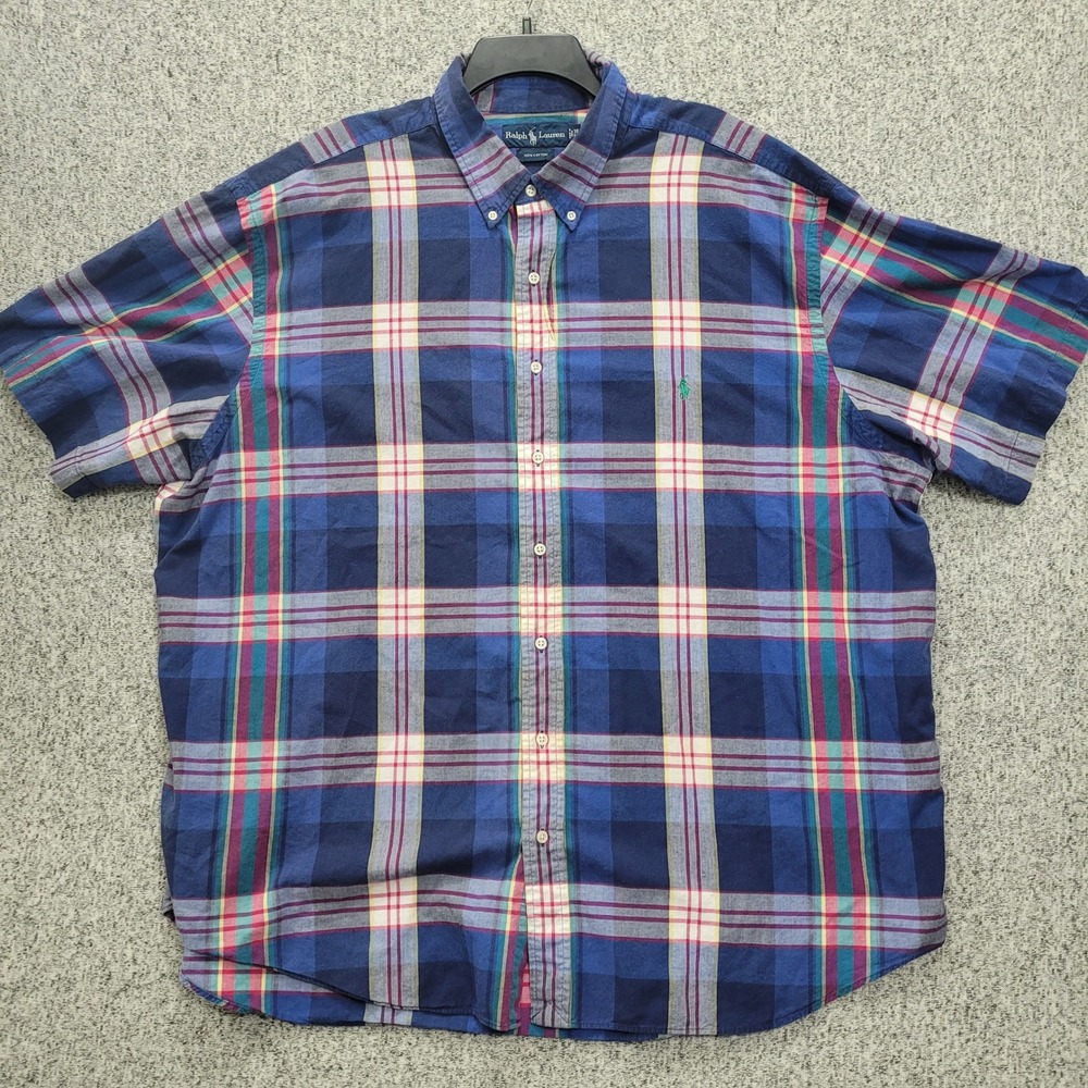 Ralph Lauren Mens 3X Big Blue Plaid Short Sleeve Button Down Cotton Shirt 2143
